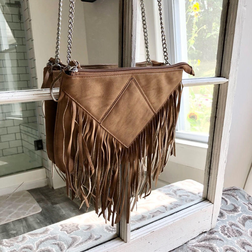 Camel Colored Fringe Crossbody Cruelty Free Leather Purse Small / Medium